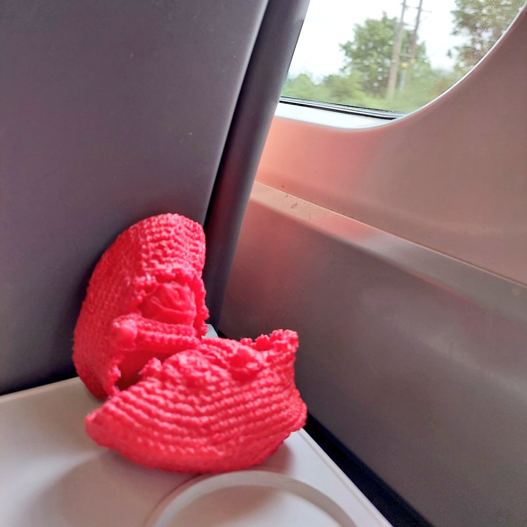 artcath's tweet photo. Two of the many objects travelling with @eleonorag1 and me to #DCDC23 #Durham #KnittingReferenceLibrary #ontour #knitting #booties #3Dprinting https://t.co/ObCcwkweGv