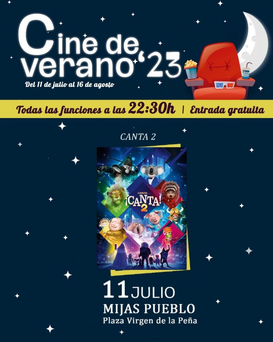 ¡Hoy comienza el Cine de Verano 2023!🎬🌙

Recordad, hoy 11 de julio a las 22.30 hrs. en la Plaza Virgen de la Peña en Mijas Pueblo, podréis disfrutar de la película Canta 2. 🎙️

¡Preparad las palomitas que esto empieza ya!🍿🍭👏