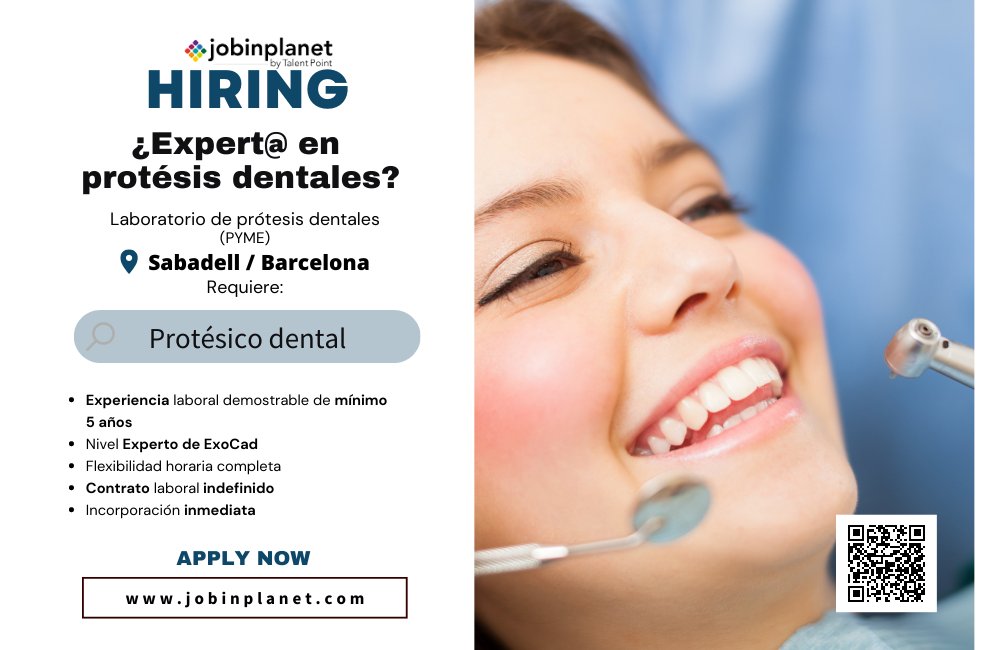 EMPLEO | 📢 ¿Expert@ en protésis dentales? ¡Buscamos un protésic@ dental para una clínica dental en Sabadell, Barcelona! 📷 Inscríbete en: bit.ly/3O92hbs o escaneando el qr. #empleo #barcelona #protésicodental
