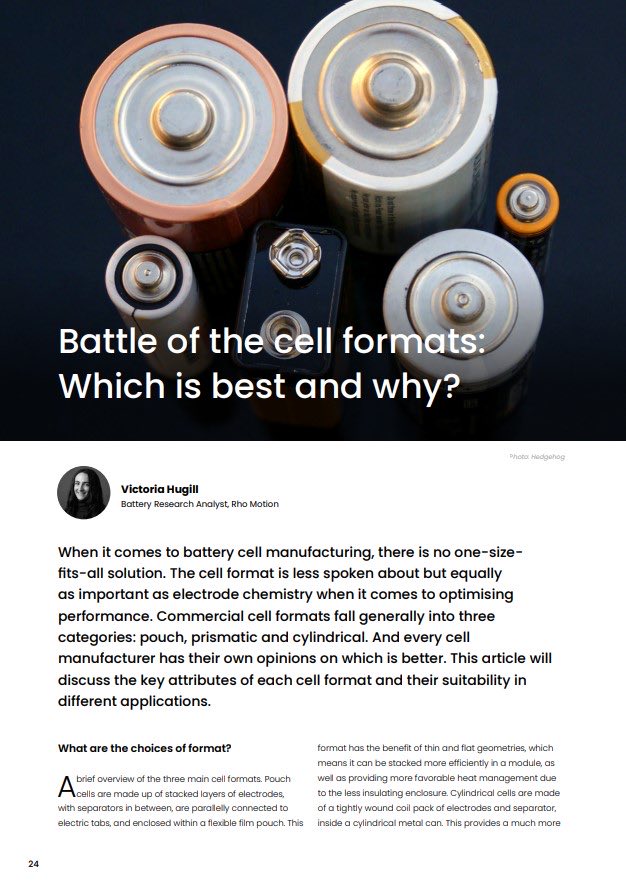 RhoMoVictoria's tweet photo. When it comes to battery cell manufacturing, there is no one-size-fits-all solution.
 
This is from my article “Battle of the cell formats: Which is best and why?” in the Q2 issue of ⁦@rhomotion⁩ Magazine. To request the magazine here: https://t.co/KCYBtI341y
 
#EVbattery https://t.co/7Z6fzgcoJu