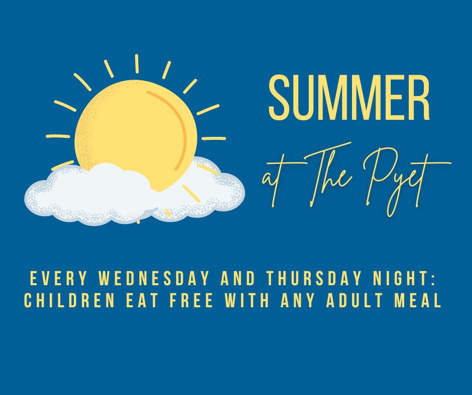 PyetDeli's tweet photo. Kids Eat Free every Wednesday and Thursday throughout the summer holidays at The Pyet. Book your table  via the website below 🍽️

https://t.co/LdHuMLPhCn

*1x child per each paying adult meal. https://t.co/VcYgZ2FoVQ