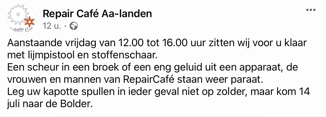 stwaalanden's tweet photo. Vrijdag a.s. is er weer ons maandelijkse Repair Café.
Daarna is er een zomerstop. Bij de SWA open dag in september wordt de (naald en) draad weer opgepakt! https://t.co/QREMwvplUe