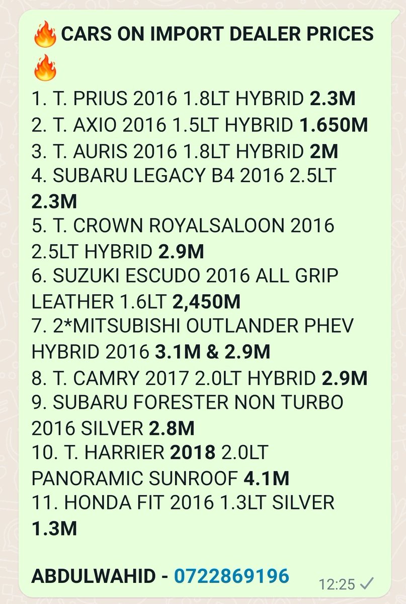 FrankOyoo's tweet photo. @beth_kasinga FOLLOWING CARS ARE ON IMPORT. CHECK IF YOUR DESIRED UNIT IS HERE &amp; BUZZ ME UP.
0722869196
#farahmaalim #statehouse #matatu #Iran #sonko #davidmurathe #mcfullstop #sabinachege #maandamano #Kalenjin #kshs #sudan #SaudiArabia #Garissa #nabii  #merucounty https://t.co/oyb1KxptUK