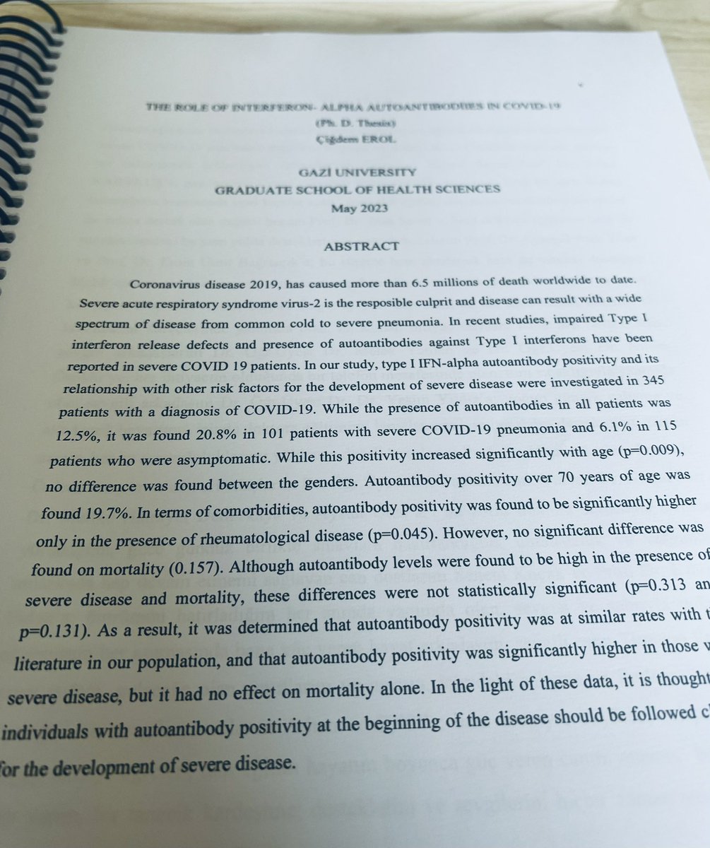 Çok özenli ,COVİD hastalığını açıklayıcı mekanizmalardan birine dair bir çalışma
İmmünoloji doktorasını tamamlamış ve aynı dalda hoca olan bir tez öğrencim ve onun daha yeni  bir tez öğrencime yaptırdığı tez
Akademinin şanından kalanları sürdürmeye çalışıyoruz…
Ayağımıza