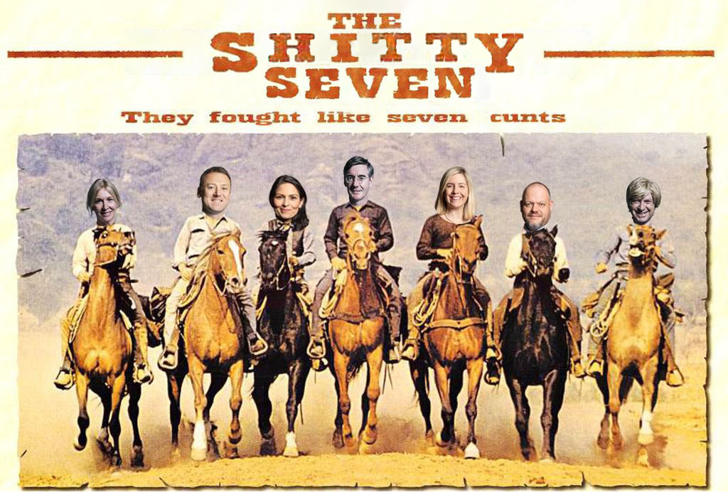 Gh0strider1977's tweet photo. "The Shitty Seven"  💩🤡🤠🐴
"They fought like seven (unts"

#ShittySeven #MagnificentSeven #BrendanClarkeSmith #JacobReesMogg #NadineDorries #PritiPatel #AndreaJenkyns #MarkJenkinson #MichaelFabricant #Debased #ToriesOut #ToriesUnfitToGovern #GeneralElectionN0W https://t.co/ieicEr3FUx