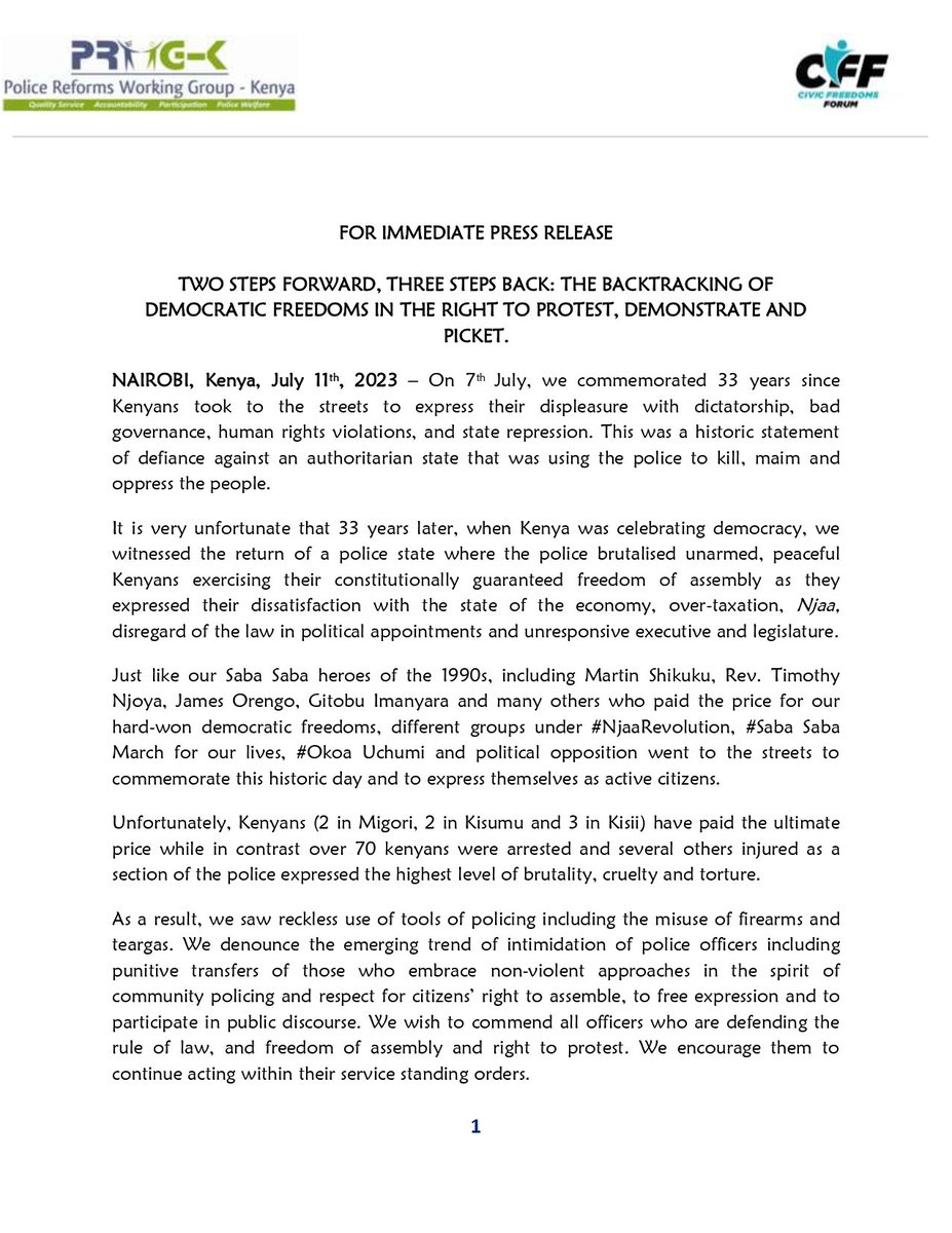 KaranjaMuraya1's tweet photo. PRESS STATEMENT OF 
 FREEDOM TO PROTEST JULY 11 2023

A police keen on protecting civic rights, fundamental freedoms and national values is commendable. It starts with the IGP's office. 
@IMLU_org @CRECOKenya @HakiKNCHR @thekhrc @IJM @ICJKenya @DefendersKE @rightssecurity https://t.co/yfRRHMUHc6