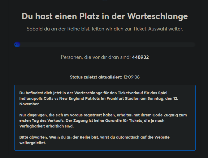 cinnextv's tweet photo. please change the system next year. never seen a thing like that. people starting on position 2.8 million. bots are so unnecessary... #nfl #Ticketmaster #nflgermany https://t.co/KFCoD1BBlq