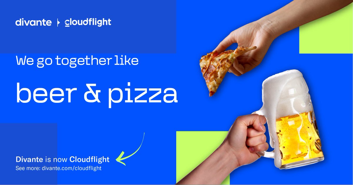 What goes together perfectly with Friday? Beer and pizza is one good example 🍺🍕

And what goes together like beer and pizza? Divante and <a href="/Cloudflightio/">Cloudflight</a>!
Don’t forget to follow #Cloudflight because we’re moving our communication there very soon!

#OneBrand #CloudflightPoland