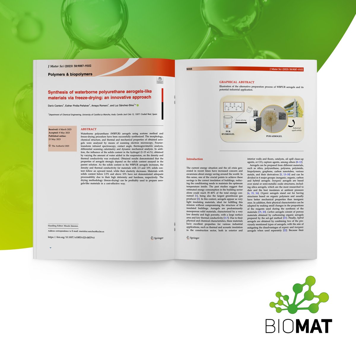 #BIOMAT is synonymous with innovation! 
The <a href="/uclm_es/">Universidad de Castilla-La Mancha</a>, our project partner, has demonstrated it in their recent scientific article "Synthesis of waterborne polyurethane aerogels-like materials via freeze-drying: an innovative approach". 
Discover everything lkme.pt/paOqw