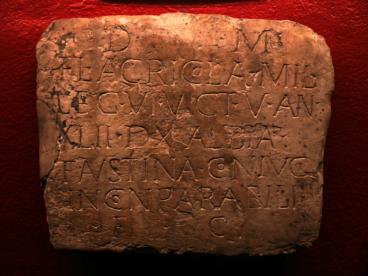 #EpigraphyTuesday with this cast of a Roman tombstone found near Aldgate, London
 it reads:
 'In memory of Flavious Agricola, Soldier of the Sixth Legion 'The Victorious'
He lived 42 years 10 days
Albina Faustina set up this tombstone, to her incomparable husband'