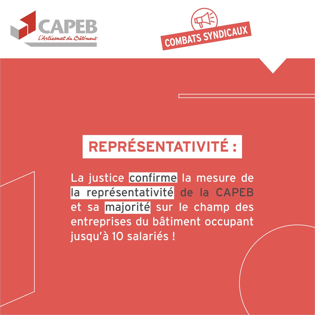 📢 #Représentativité : la Cour d'appel de Paris a rejeté le recours qu’a fait la FFB contre l’arrêté de représentativité du 13/12/21 qui confère à la CAPEB le droit d’opposition majoritaire sur le champ des entreprises du btp occupant jusqu’à 10 salariés. La CAPEB s'en félicite !