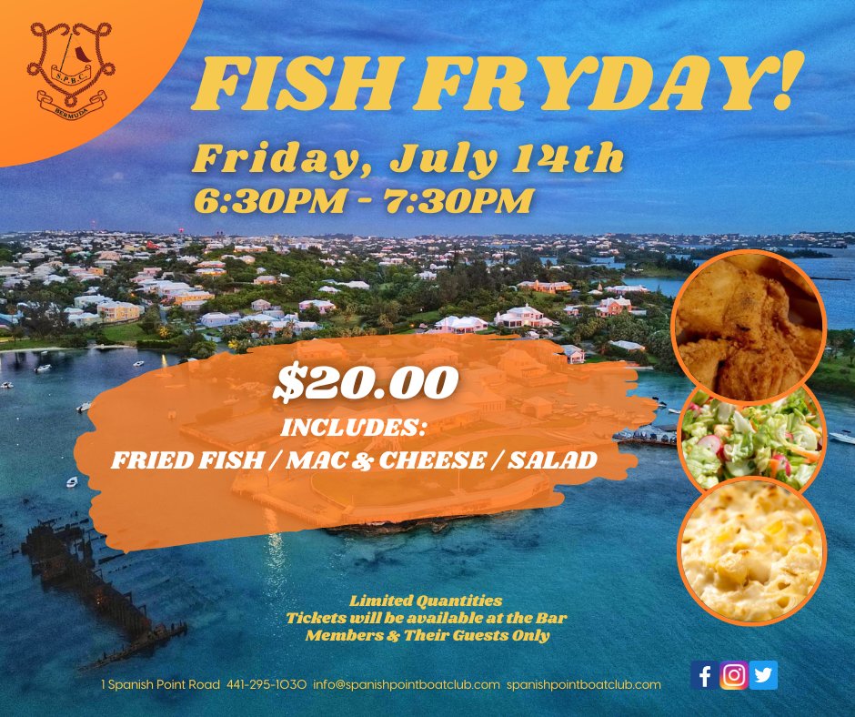 SPBCbda's tweet image. Did someone say #FishFryday!!!! Head down to the best and most scenic Boat Club in #Bermuda on Friday evening for a delicious fried fish meal. Tickets are on sale now at the Bar. See you there! 
*Members &amp;amp; their guests only*
#SPBC #itsbetterattheboatclub #nojacketrequired