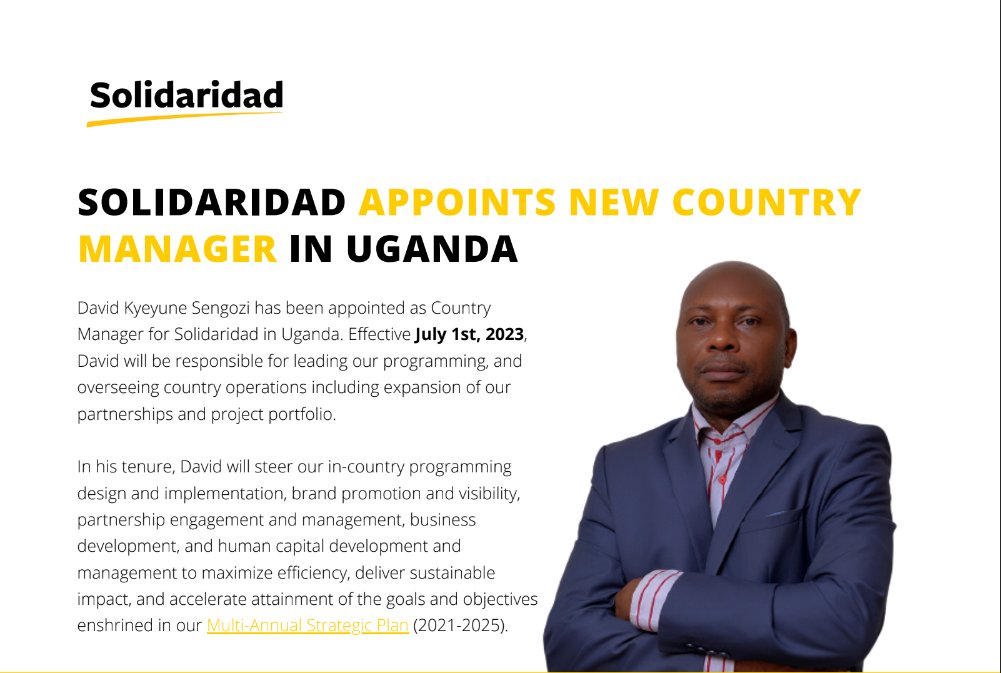 Solidaridad East and Central Africa (@solidaridadeca) on Twitter photo #News🎉🎉
Say hello 🖐️ to our newest team member.
David Sengozi Kyeyune, is the Country Manager for <a href="/SolidaridadECA/">Solidaridad East and Central Africa</a> in #Uganda! Effective July 1, 2023, David will assume the crucial role of leading our #programming, and overseeing country operations.
#Growth #Newemployee #News🎉🎉
Say hello 🖐️ to our newest team member.
David Sengozi Kyeyune, is the Country Manager for <a href="/SolidaridadECA/">Solidaridad East and Central Africa</a> in #Uganda! Effective July 1, 2023, David will assume the crucial role of leading our #programming, and overseeing country operations.
#Growth #Newemployee