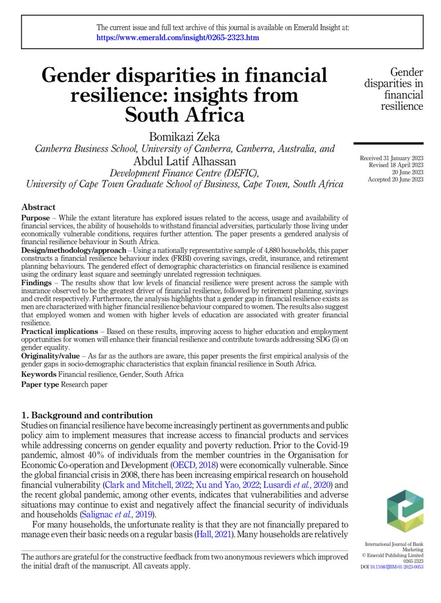 DrBomiZeka's tweet photo. Excited to see our new paper published w/ @lhatiph from @UCTGSB. We explore the gender gap in financial resilience &amp; the financial interventions required to close it in the International Journal of Bank Marketing @CBS_UC @UCBGL 
DM me for the full paper: 
https://t.co/TvJw3nXiNm https://t.co/OTgZk7nUkF
