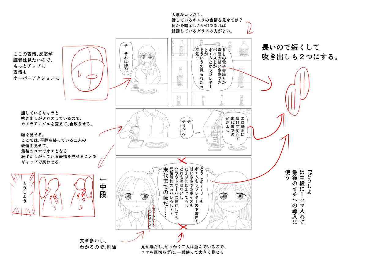 早速やってみました! #読みやすい漫画の作り方  傾向として、セリフが長い、カメラが正面バストアップしかないので、セリフを短く、カメラの高さや寄り引きを意識して使ったらもっとよくなると思います!  話としてはオチもついているし、いいかなーと思いました!(ストーリーについて言及しないという話でしたが、よかったので)