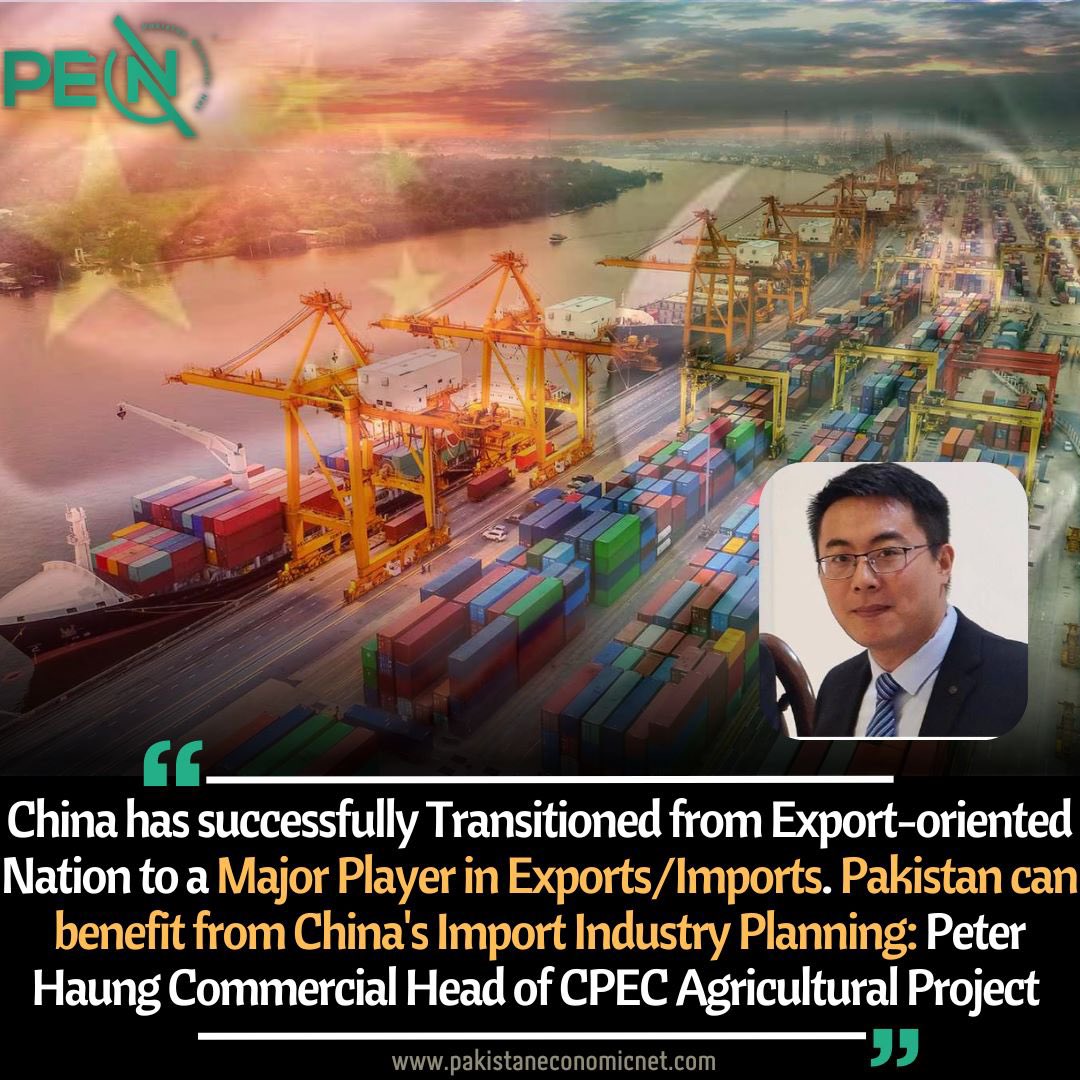 A 🧵 on Green #Pakistan Initiative and CPEC

#China has successfully Transitioned from Export-oriented Nation to a Major Player in Exports/ Imports. Pakistan can benefit from #China's Import Industry Planning: Peter Haung Commercial Head of #CPEC Agricultural Project.

1/4