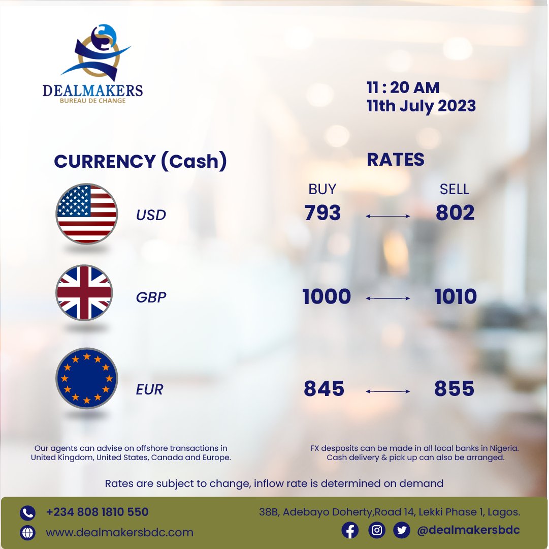 dealmakersbdc's tweet photo. July, 11th 2023.
⏱ 11 : 20 AM
Office: 38b, Adebayo Doherty, Lekki Phase 1, Lagos.
For more information, kindly contact us
☎ +2349139378392
—————————————————————
#dealmakersbdc #bdc #bureaudexchange #lagos #lekki #nigeria #currencytrading #cash #oilandgas #abokifx #todaysrate https://t.co/v0eKZQp7Uk