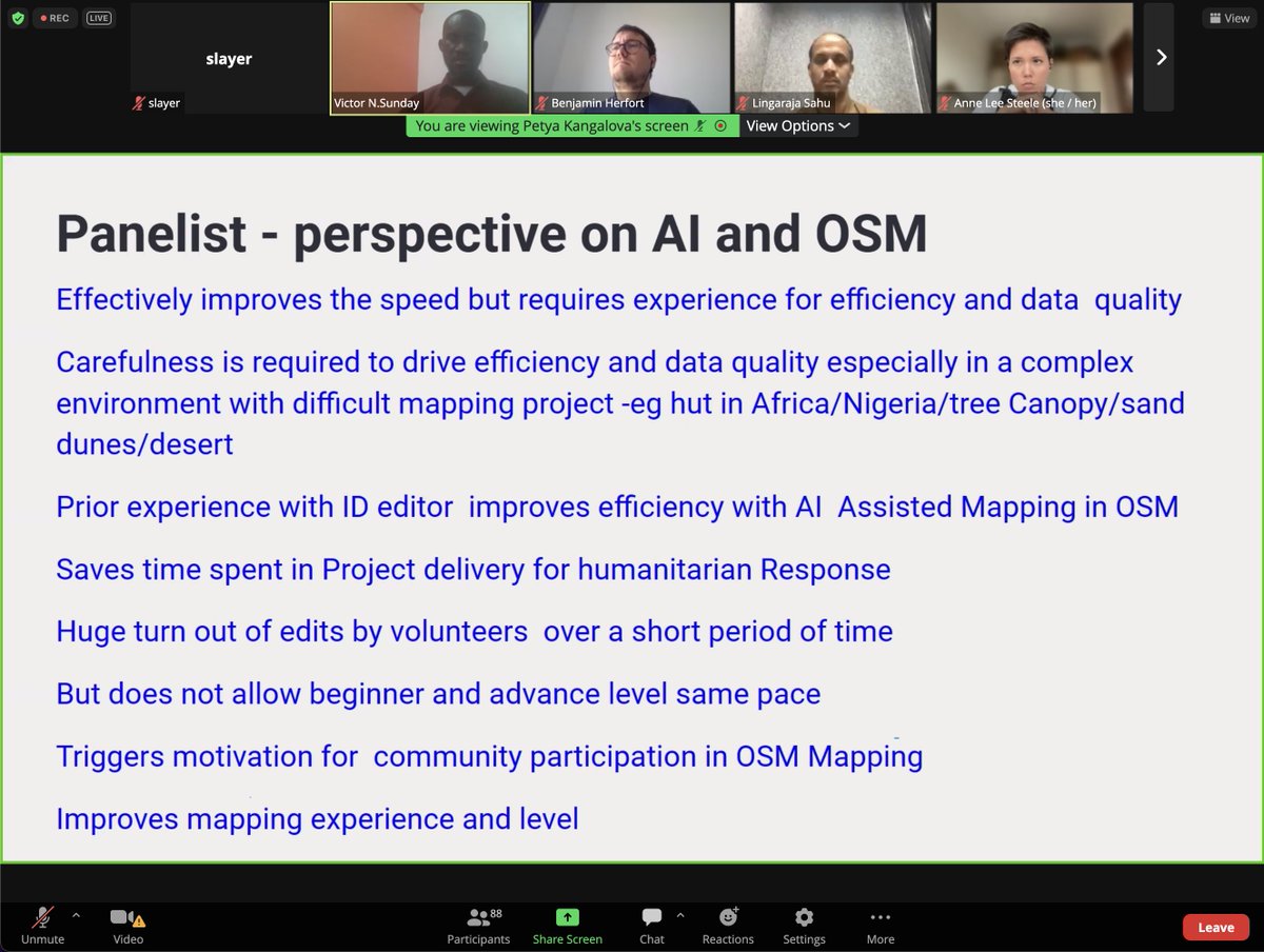 darkensiva's tweet photo. 88 participants for this session about AI assisted mapping for OSM, great event by Tech and Innovation WG of @hotosm 
Quick thoughts here, validation is key and mapping can focus on more details with local community (heart). https://t.co/eaZFTen25A