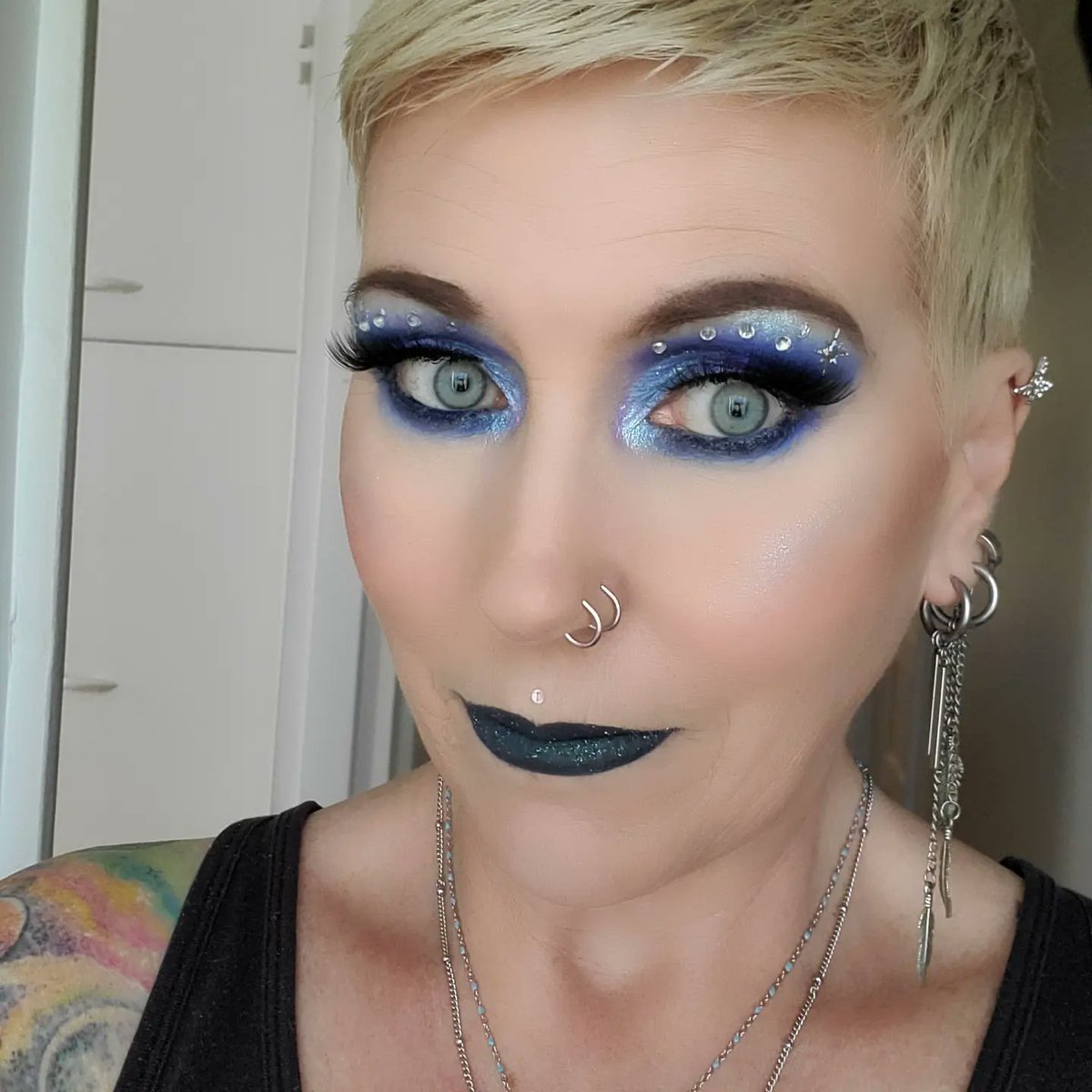 My look from my sneak peak.  <a href="/JeffreeStar/">Jeffree Star</a> Blue Blood <a href="/Beautymooncos/">Beauty Moon Cosmetics</a> Kisst, Starstruck and Enchantment palettes (Use code Shirley15) <a href="/NYXCosmetics/">NYX Pro Makeup US</a> Stone Fox lipstick <a href="/rimmellondoncan/">Rimmel London Canada</a> Foundation, Concealer, SettingPowder <a href="/ShopprsDrugMart/">Shoppers Drug Mart</a> Quo Bronzer #over50 #makeup #Tuesday #Blue