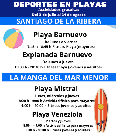 TurismoSJavier's tweet photo. Este verano ponte en forma con las ACTIVIDADES DEPORTIVAS gratuitas en nuestras playas 📷📷📷📷📷 a partir del 3 de julio disfruta del deporte en la playa
San Javier Deportes https://t.co/zUCmqRdxHY