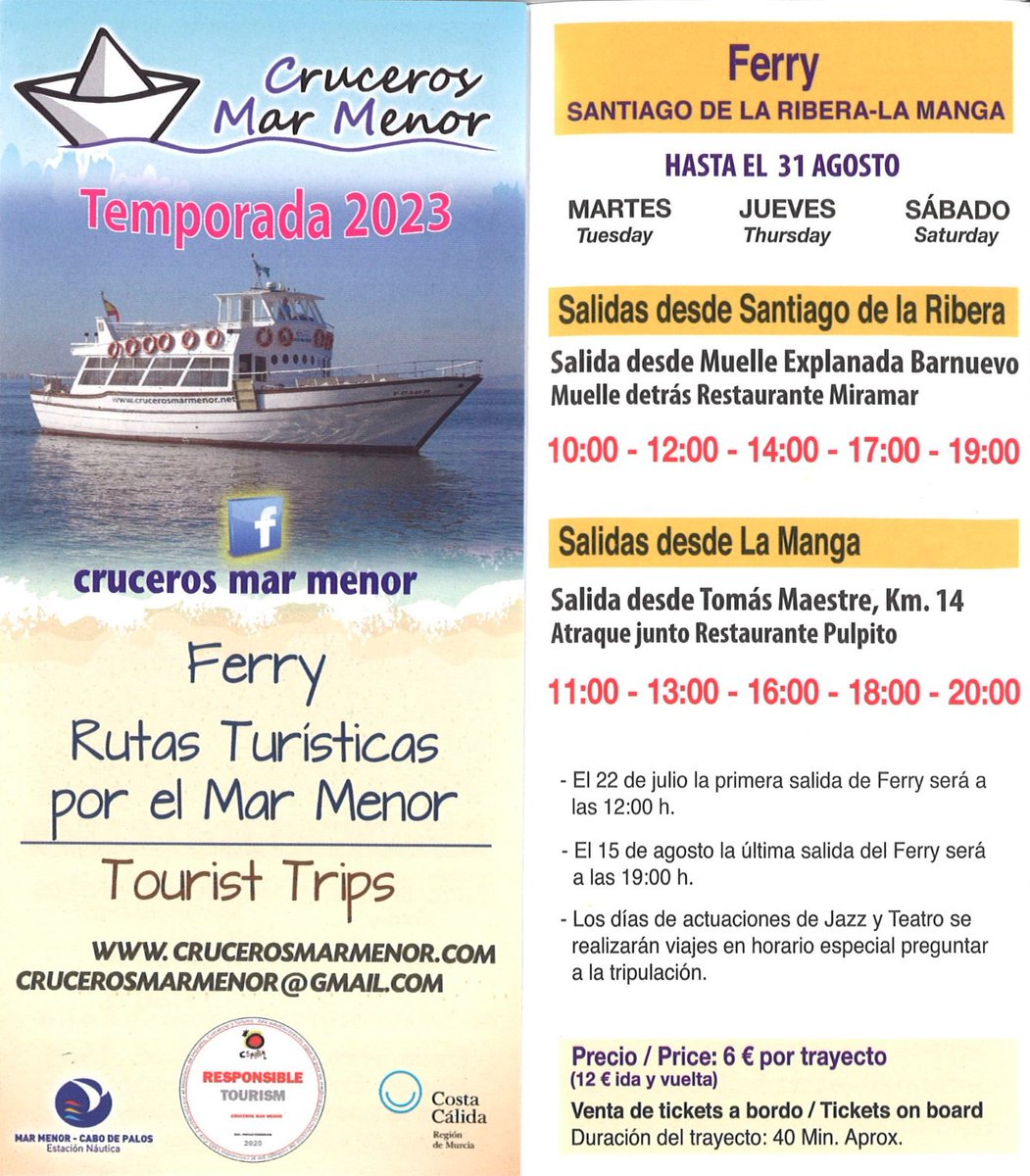 TurismoSJavier's tweet photo. 🛥🛥Nuevo servicio de transporte marítimo entre Santiago de la Ribera (Playa Barnuevo) y La Manga del Mar Menor (Puerto Tomás Maestre): 2 tipos de embarcaciones con diferentes horarios.
Mas información sobre transporte en https://t.co/TnmrdCgc0x https://t.co/CWKJg4d1EC