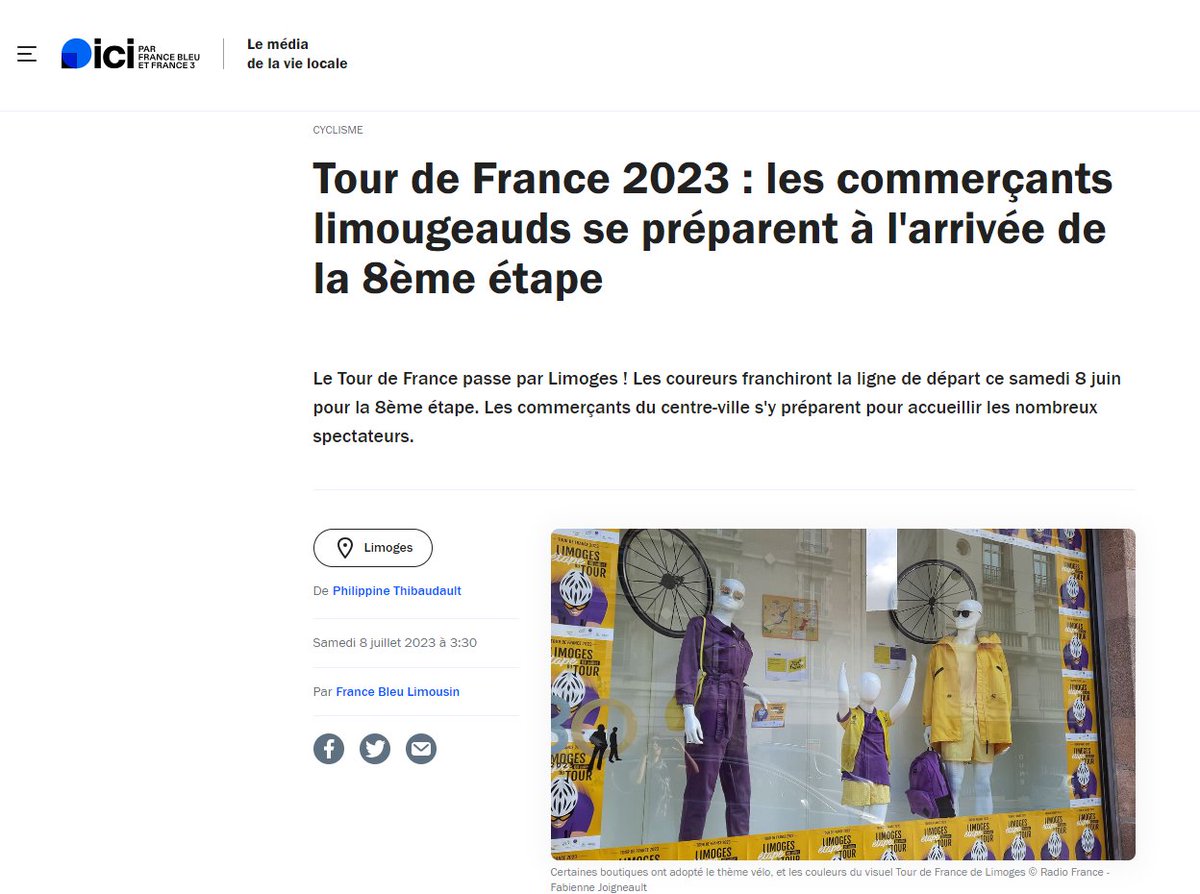 AlombreD's tweet photo. Le Tour de France est passé par Limoges ! La vitrine de notre magasin A l'Ombre des Marques #Limoges remporte le maillot jaune pour France Bleu. Un bel hommage à un vrai travail d'équipe. https://t.co/EqAzbPpP4o