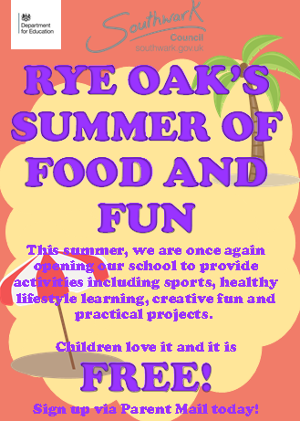 Rye Oak Summer of food and fun 2023!
This Summer we are once again opening our school to run a wonderful school of food and fun. The opportunity is for Rye Oak pupils only and will be run by members of our dedicated Rye Oak Primary School staff team for FREE. Sign up via today!
