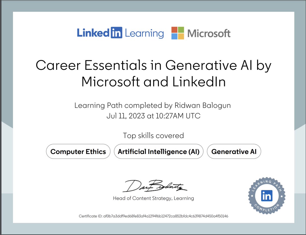 ridbay's tweet photo. Just finished the learning path “Career Essentials in Generative AI by Microsoft and LinkedIn”! #computerethics https://t.co/xlmwFsKghw