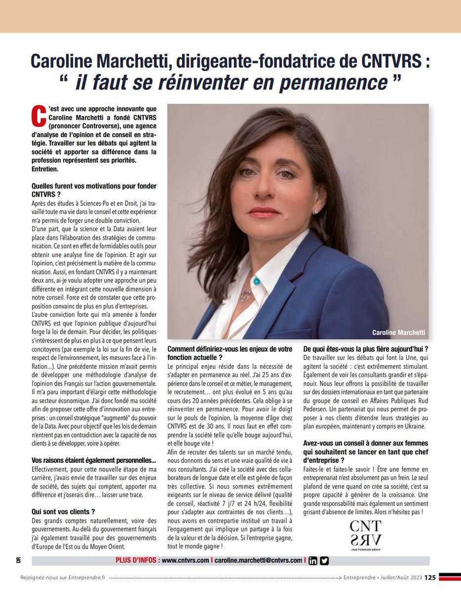 cntvrs's tweet photo. Chose promise, chose due. Les origines de @cntvrs, les évolutions du métier de conseil en communication, et un mot pour toutes les femmes qui pensent à se lancer dans l’entreprenariat : voici l’interview de @MarchettiCa pour le numéro juillet-aout d’@Entreprendre https://t.co/kc84d4USCI
