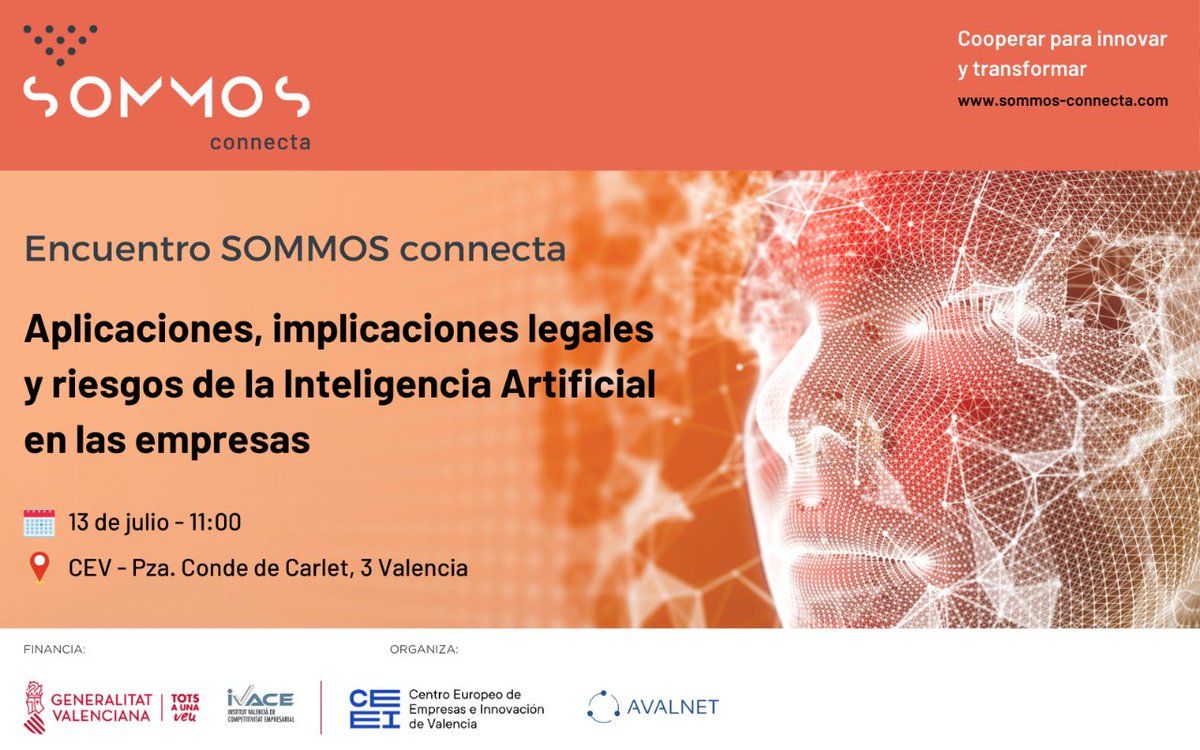 Pablo Rojo Ceinos (@prceinos) on Twitter photo Este jueves en #Valencia en <a href="/CEV_CV/">CEV</a>
Encuentro #SOMMOS_connecta
Aplicaciones, implicaciones legales y riesgos de la #InteligenciaArtificial en las empresas
ceeivalencia.emprenemjunts.es/?op=14&n=22079 <a href="/ceeivalencia/">CEEI Valencia</a> <a href="/AVALNET/">AVALNET</a> <a href="/GVAivace/">IVACE+i</a>
<a href="/manueljulia/">Manuel Juliá</a> vía <a href="/emprenemjunts/">Emprenemjunts</a> Este jueves en #Valencia en <a href="/CEV_CV/">CEV</a>
Encuentro #SOMMOS_connecta
Aplicaciones, implicaciones legales y riesgos de la #InteligenciaArtificial en las empresas
ceeivalencia.emprenemjunts.es/?op=14&n=22079 <a href="/ceeivalencia/">CEEI Valencia</a> <a href="/AVALNET/">AVALNET</a> <a href="/GVAivace/">IVACE+i</a>
<a href="/manueljulia/">Manuel Juliá</a> vía <a href="/emprenemjunts/">Emprenemjunts</a>