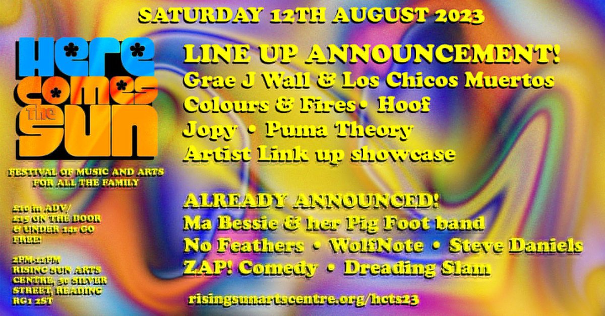 And if that's not enough, they've also announced more names for this year's <a href="/HCTSFest/">Here Comes The Sun</a>, including <a href="/Jopymusic/">Jopy</a>, <a href="/GraeJ/">Grae Wall</a> and @coloursandfires!
whatsonreading.com/venues/rising-…