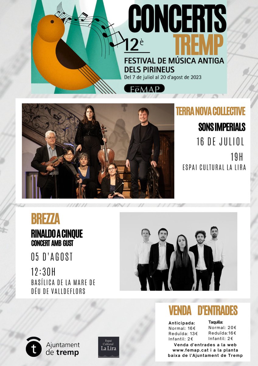 🎻Diumenge 16 de juliol, a les 19h a la <a href="/LiraTremp/">La Lira Tremp</a>, concert del <a href="/Festival_FeMAP/">FeMAP</a> amb TERRA NOVA COLLECTIVE.

📌Terra Nova Collective combina la música de Vanderhagen, de qui celebrem el bicentenari de la seva mort, amb la de Mozart.

Entrades: femap.koobin.cat/terranova-tremp