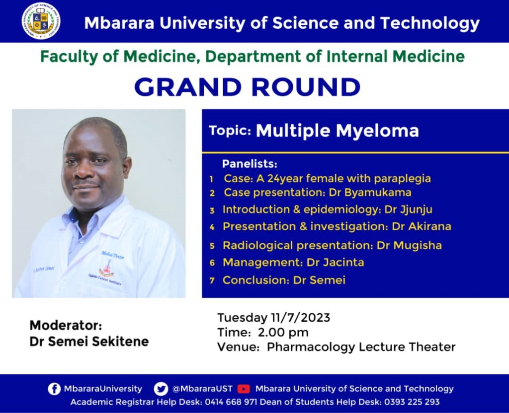 MustMedFaculty's tweet photo. GRAND ROUND BY THE DEPARTMENT OF INTERNAL MEDICINE. Follow the link for details: https://t.co/fIoXYlZfgG
@MbararaUST
@MustMedFaculty 
@joseph_ngonzi
@JTusiimire https://t.co/88NLCnpgNP