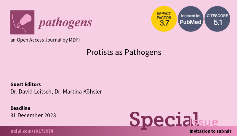Pathogens_MDPI's tweet photo. #callforpaper
📢 Special Issue: #Protists as Pathogens
👨🎓 Guest Editor: David Leitsch and Martina Köhsler
⏰ Deadline: 31 December 2023
🔗 https://t.co/KCElRScgo0
#Plasmodium #Leishmania #Trypanosoma #Entamoeba
@protistologists https://t.co/VZqikyVe7h