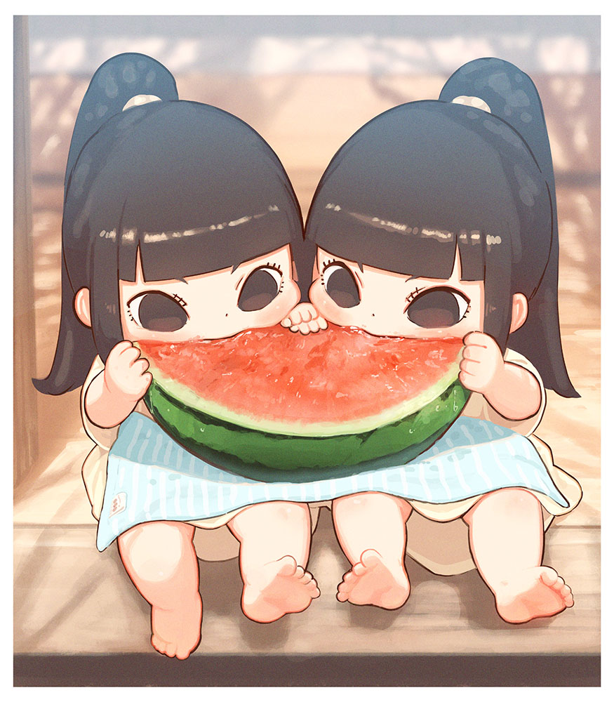 food watermelon barefoot multiple girls 2girls ponytail eating  illustration images