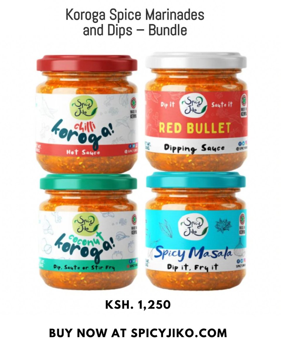 SpicyJiko's tweet photo. Sample our new Koroga Spices, marinades and dips.

In this bundle:
Chilli Koroga Hot Sauce
Coconut Koroga - dipping and sauté sauce
Spicy Masala - dipping and sauté sauce
Red Bullet - Hot Dipping and Sauté Sauce
_____
Total cost Ksh. 1,250
buy now at https://t.co/YBCDYK3vqi https://t.co/UGT5HHorqK