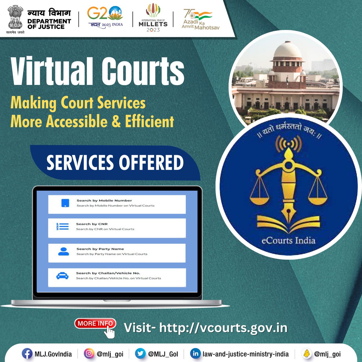 MLJ_GoI's tweet image. Adapt tech-enabled solutions, &amp;amp; embrace #VirtualCourts!
#DoJ&apos;s eCourts Mission Mode Project: File cases online, pay fees digitally, &amp;amp; track your case status from anywhere. No more in-person hassles of going to courts for resolution of traffic challans. Integrating technology in…