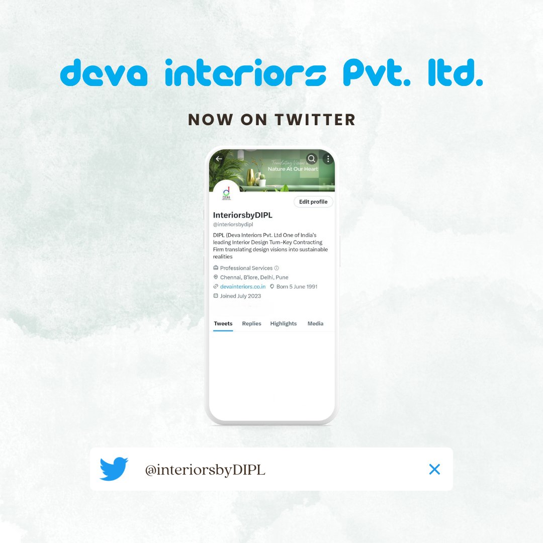 interiorsbydipl's tweet photo. DIPL (Deva Interiors Pvt. Ltd.) is now on Twitter π₯³!
Follow us for our projects, interesting tit bits, interior design inspiration & much more!
#NewOnTwitter #NowOnTwitter
#DIPL #VisionsToReality #DevaInteriors #InteriorDesign #InteriorContracting https://t.co/OWhiLAOMte