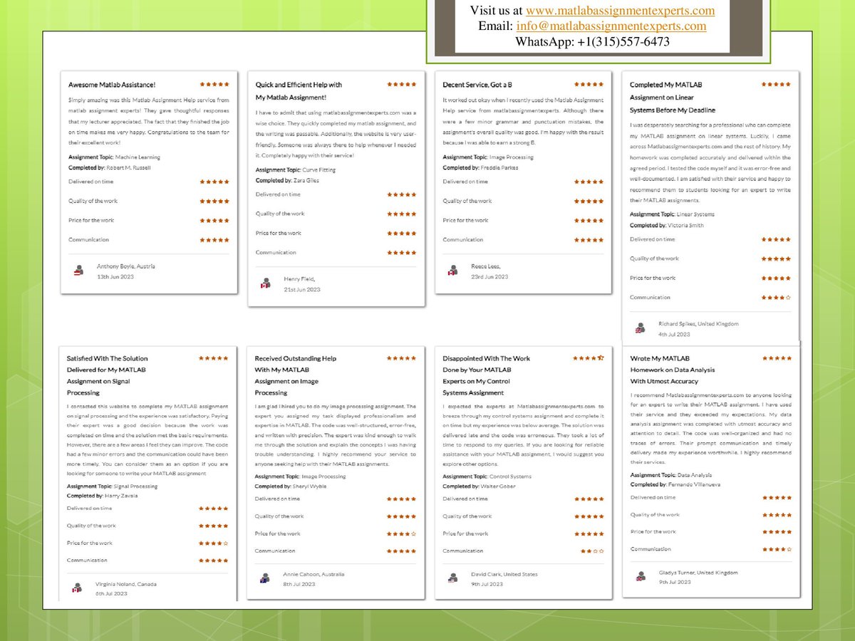 ExpertsMatlab's tweet image. Top-rated by customers on trusted platforms like Sitejabber, Trustpilot, Google reviews & more. Get reliable Matlab Assignment Help today!
Visit us at matlabassignmentexperts.com
or Read Our Reviews at: bit.ly/43qyznq
#MatlabAssignmentHelp #ExperiencedProfessionals #Reviews