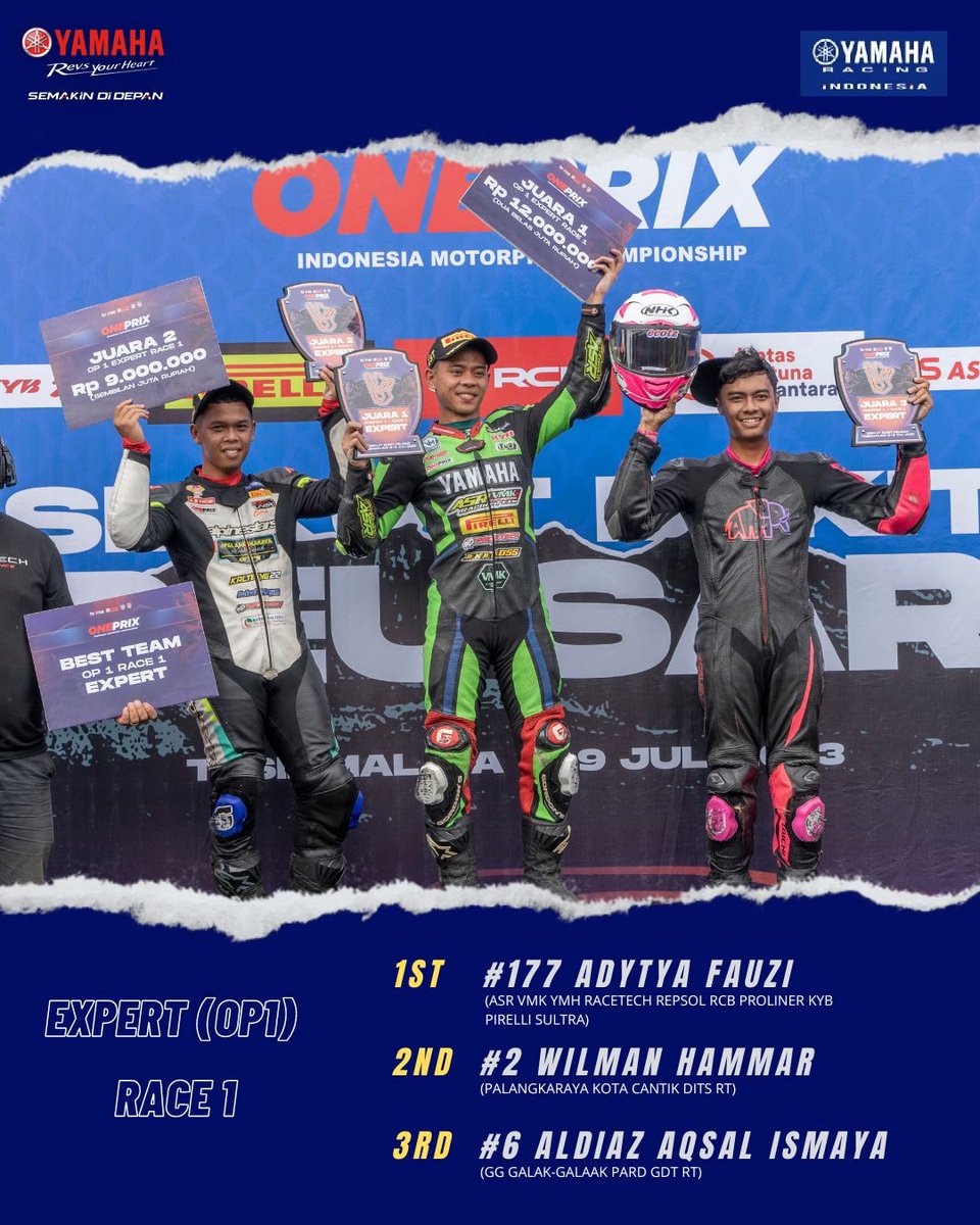 YamahaRacing_Id's tweet photo. Hasil yang memuaskan atas perjuangan dan persiapan yang dilakukan para Yamaha Riders kelas Expert (OP1) dan Beginner (OP4) bersama #MXKing150 di kejuaraan @oneprixid Round 3 (8-9 Juli 2023) di Sirkuit Bukit Peusar, Tasikmalaya https://t.co/eKvtQ2ppUq