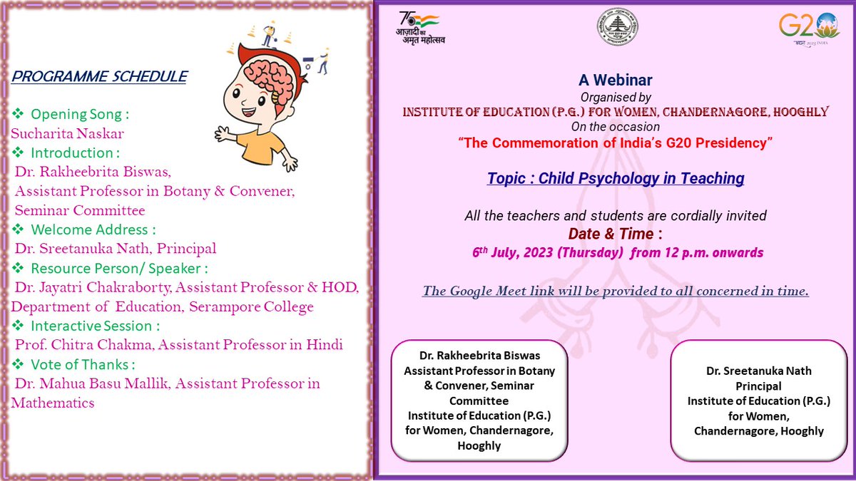 InstituteW90352's tweet photo. AKAM: January - August 2023 / for Teacher Education Institutions (TEIs). Theme: Women &amp; Children  (Webinar for better understanding of child psychology in teaching) organized by INSTITUTE OF EDUCATION (POST GRADUATE) FOR WOMEN, CHANDERNAGORE
@ncteDelhi @AmritMahotsav https://t.co/dVXzTaHSyt
