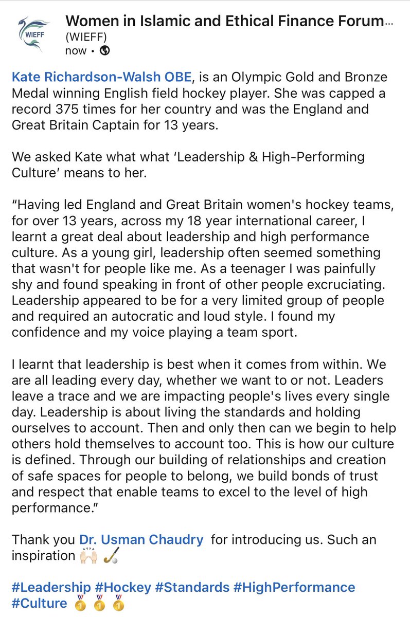 WIEFF (@ethicalforum) on Twitter photo Kate Richardson-Walsh OBE, is an #Olympic Gold and Bronze Medal winning English field #hockey player. She was capped a record 375 times for her country and was the England and Great Britain Captain for 13 years.
We asked <a href="/katewalsh11/">Kate Richardson-Walsh OLY</a> what ‘#Leadership’ means to her. Kate Richardson-Walsh OBE, is an #Olympic Gold and Bronze Medal winning English field #hockey player. She was capped a record 375 times for her country and was the England and Great Britain Captain for 13 years.
We asked <a href="/katewalsh11/">Kate Richardson-Walsh OLY</a> what ‘#Leadership’ means to her.