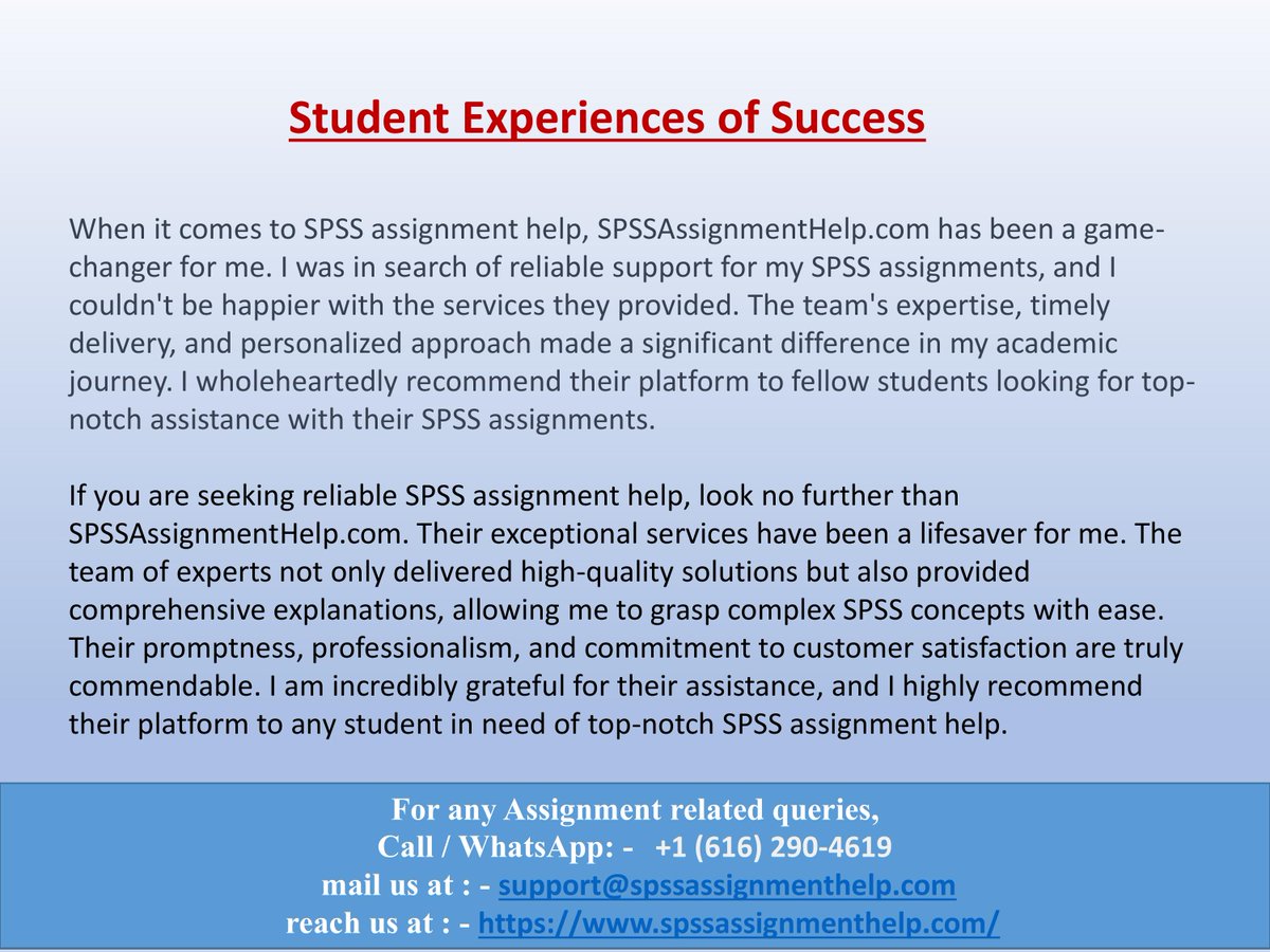 SPSSAssignment's tweet image. We have received rave reviews from satisfied students on platforms like Site Jabber, Mouthshut, and Facebook. Experience our exceptional service and excel in your SPSS assignments. Visit spssassignmenthelp.com/reviews today!
#assignments #spssassignmenthelp #spssassignment #education