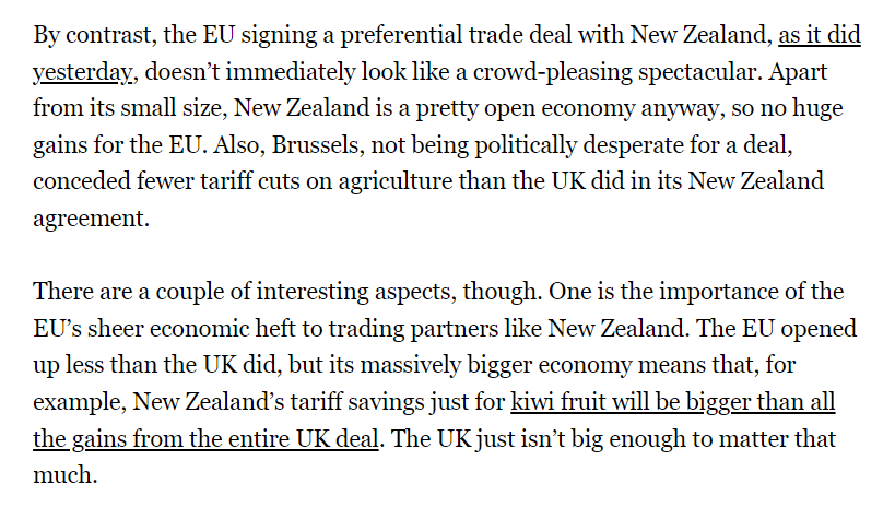 spignal's tweet photo. New Zealand's tariff saving *just for kiwi fruit* imports to the EU will be bigger than the entire UK trade deal it signed earlier. Yeah, being big matters in trade. via @alanbeattie &amp; great newsletter on trade. https://t.co/phUs7UvpfO https://t.co/nK24uBEKpM
