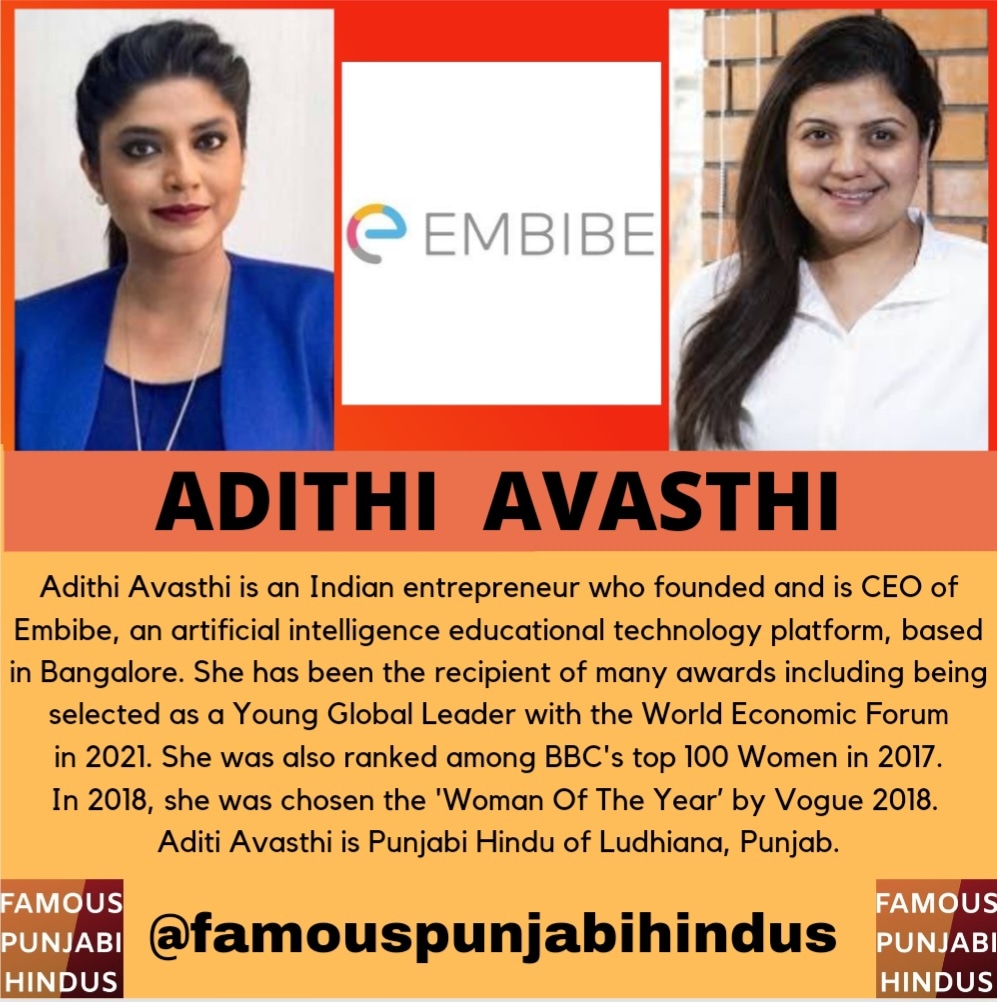 FamePunjabHindu's tweet photo. Adithi Avasthi - Famous Indian Entrepreneur
#adithiavasthi #ludhiana #punjabihindu #hindupunjabi #embibe #Entrepreneur #businessman https://t.co/aDqVyTfLzG