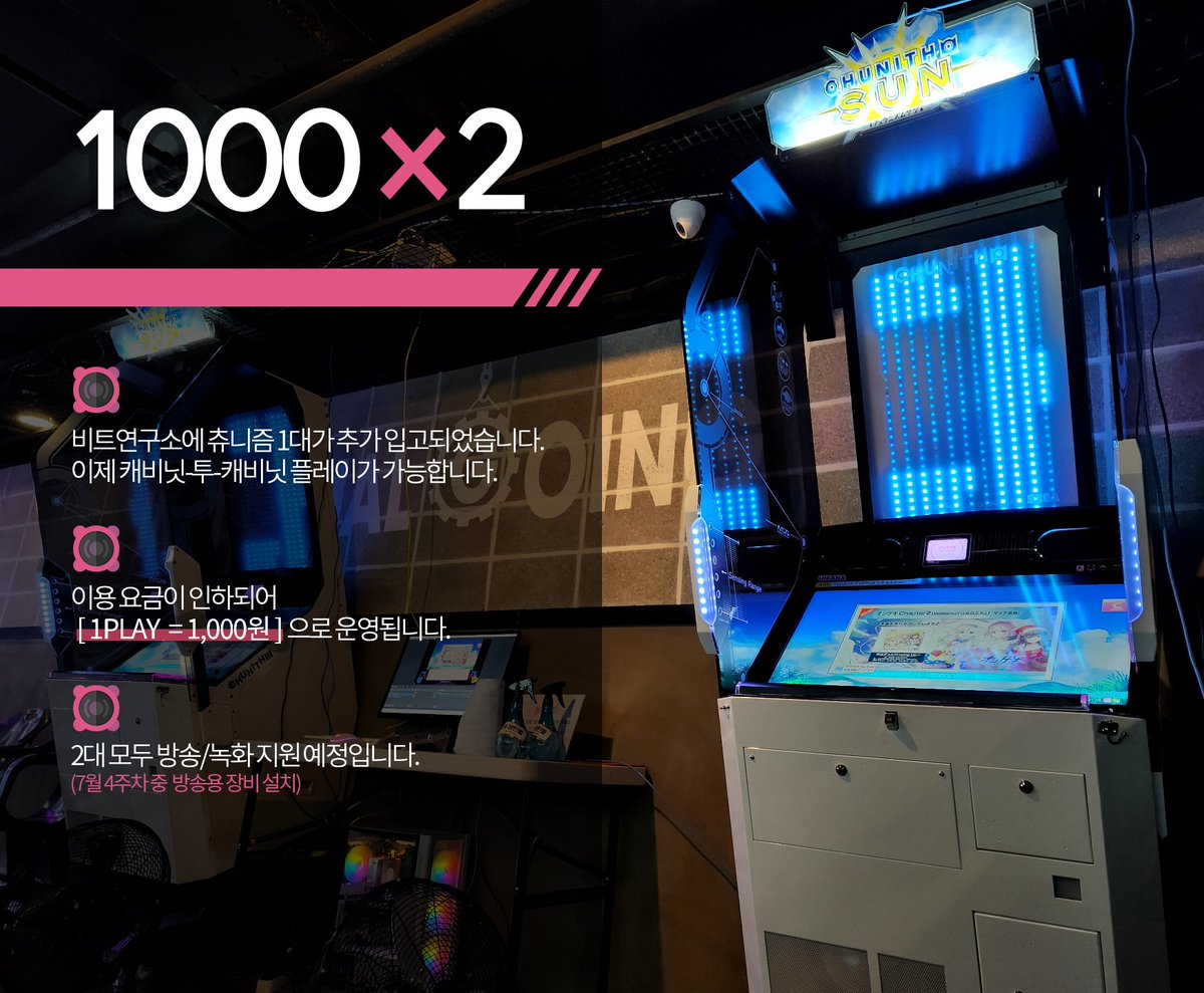 🎁팔로워 RT 추첨 1명 문화상품권 5,000원🎁 비트연구소입니다. 🔊 츄니즘 1대가 새로 입고되었습니다! 현재 총 2대가 정상  가동 중으로, 이제 캐비닛-투-캐비닛 플레이가 가능합니다! 🔊 1PLAY = 2코인 = 1,000원으로 이용 요금이 인하됩니다. 🔊