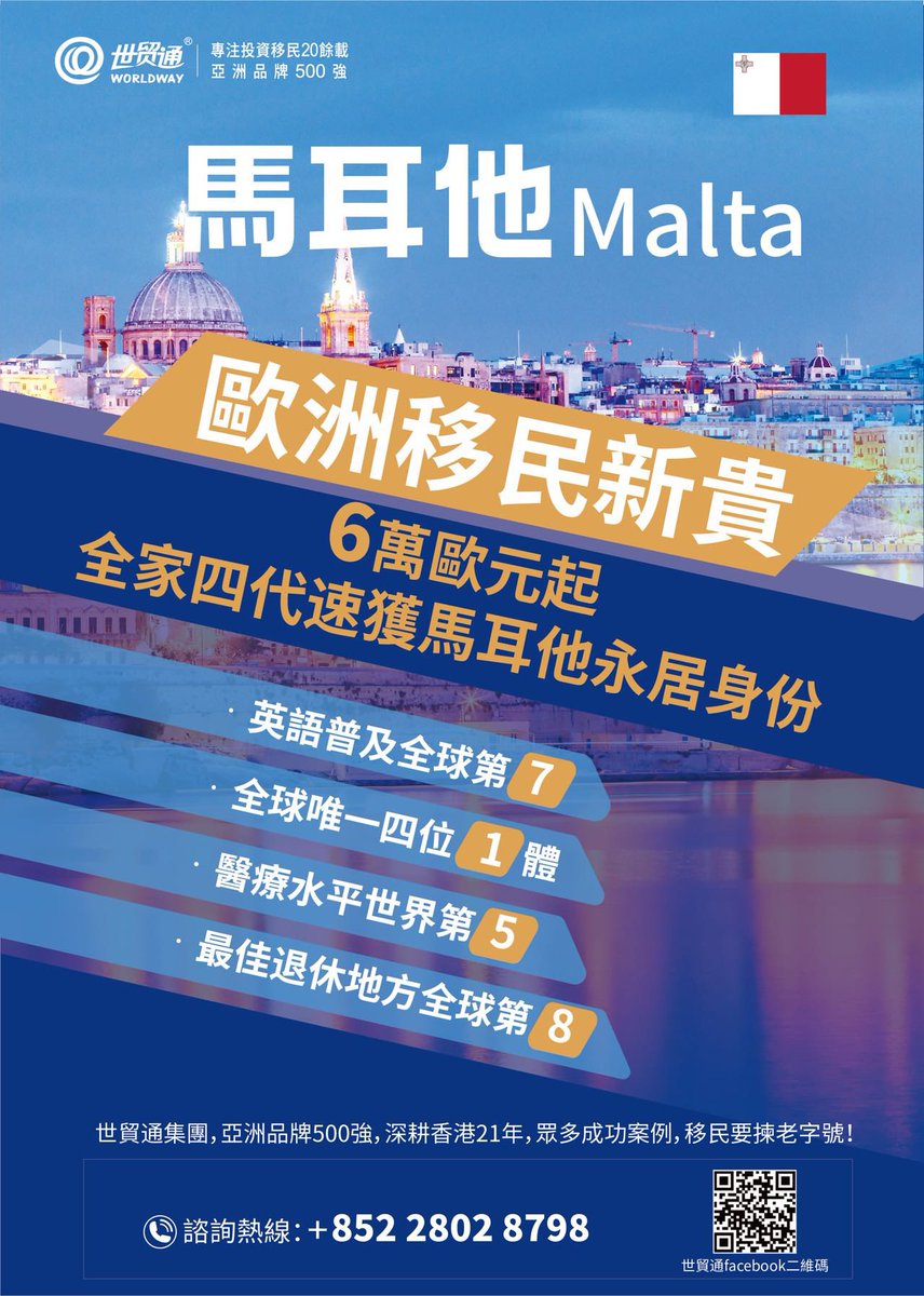 Worldway_Group's tweet photo. 🇲🇹Henley &amp; Partners公佈的《全球公民指數2023》排行榜中，馬耳他連續八年再獲榜首！成為全球綜合素質最好的身份！

❇️英語普及全球第7️⃣
❇️全球唯一四位1️⃣體
❇️醫療水平世界第 5️⃣
❇️最佳退休地方全球第8️⃣

🇲🇹6萬歐元起全家四代速獲馬耳他永居🌍

☎️電話：+852 2802 8798

#馬耳他永居 #歐洲大國 #移民 https://t.co/djqsovY1kH
