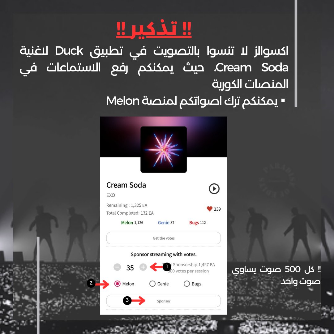 [ تذكير ]
تذكير بالتصويت في تطبيق Duck لCream Soda لرفع الاستماعات في المنصات الكورية
- يمكنكم ترك اصواتكم لمنصة Melon

#EXO_EXIST #EXO_CreamSoda <a href="/weareoneEXO/">EXO</a>