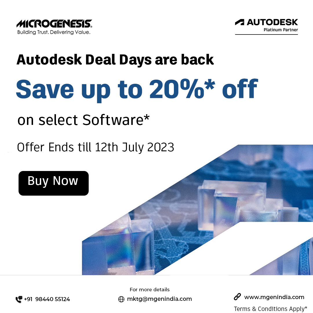 mgencad's tweet photo. MicroGenesis CADSoft Pvt. Ltd. is offering the best of deal for @autodesk select software. Save 20% on software and accelerate your workflow smartly. Hurry! It is available until July 12, 2023.
To Know more details- Reach us at mktg@mgenindia.com | 98440 55124

#mgenindia25 https://t.co/XtdmuOpaW8