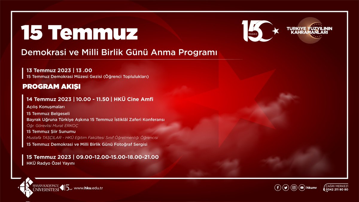 ⚫️ 15 Temmuz Demokrasi ve Milli Birlik Günü Anma Programı kapsamında;

⚫️15 Temmuz Demokrasi Müzesi Gezisi

⚫️15 Temmuz Belgesel Gösterimi

⚫️"Bayrak Uğruna Türkiye Aşkına 15 Temmuz İstiklal Zaferi" Konferansı 🗣Öğr. Gör. Murat Erkoç

⚫️15 Temmuz Şiir Sunumu 🗣️Mustafa Taşçılar